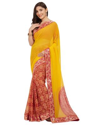 Yellow Printed Faux Georgette Saree With Blouse 1