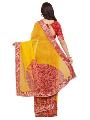 Yellow Printed Faux Georgette Saree With Blouse 4