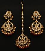 Maroon Color Imitation Peral Kundan Earrings With Maang Tikka