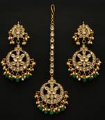 Green color imitation peral kundan earrings with maang tikka