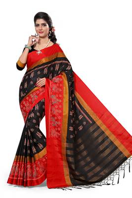 Black Printed Cotton Silk Saree With Blouse 1