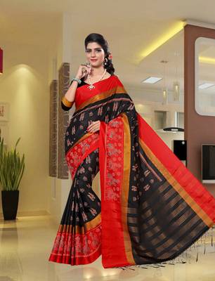 Black Printed Cotton Silk Saree With Blouse 2