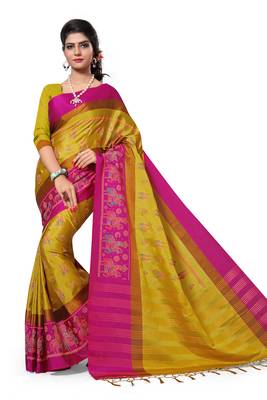Light Yellow Printed Cotton Silk Saree With Blouse 1