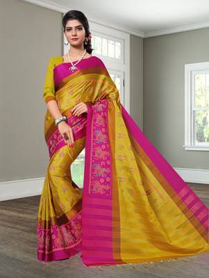Light Yellow Printed Cotton Silk Saree With Blouse 2