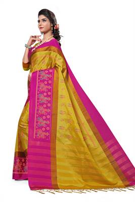 Light Yellow Printed Cotton Silk Saree With Blouse 4