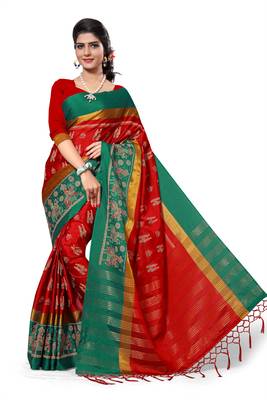 Red Printed Cotton Silk Saree With Blouse 1