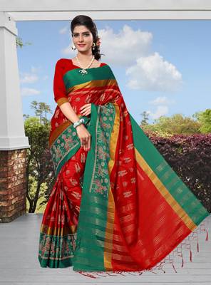 Red Printed Cotton Silk Saree With Blouse 2