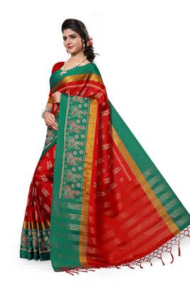 Red Printed Cotton Silk Saree With Blouse 4