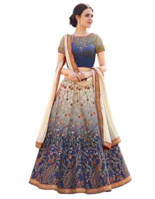 Blue Satin Silk Embroidery Lehenga With Dupatta 1