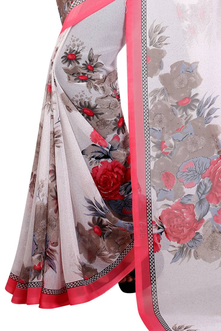 white printed georgette saree with blouse