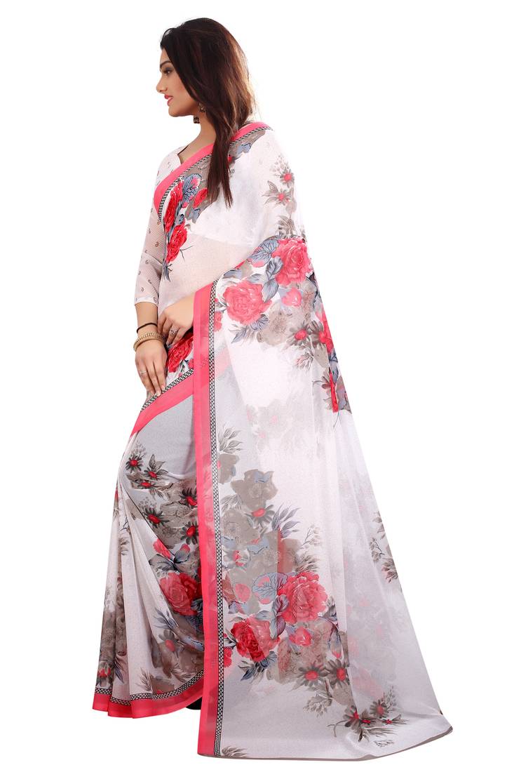 white printed georgette saree with blouse