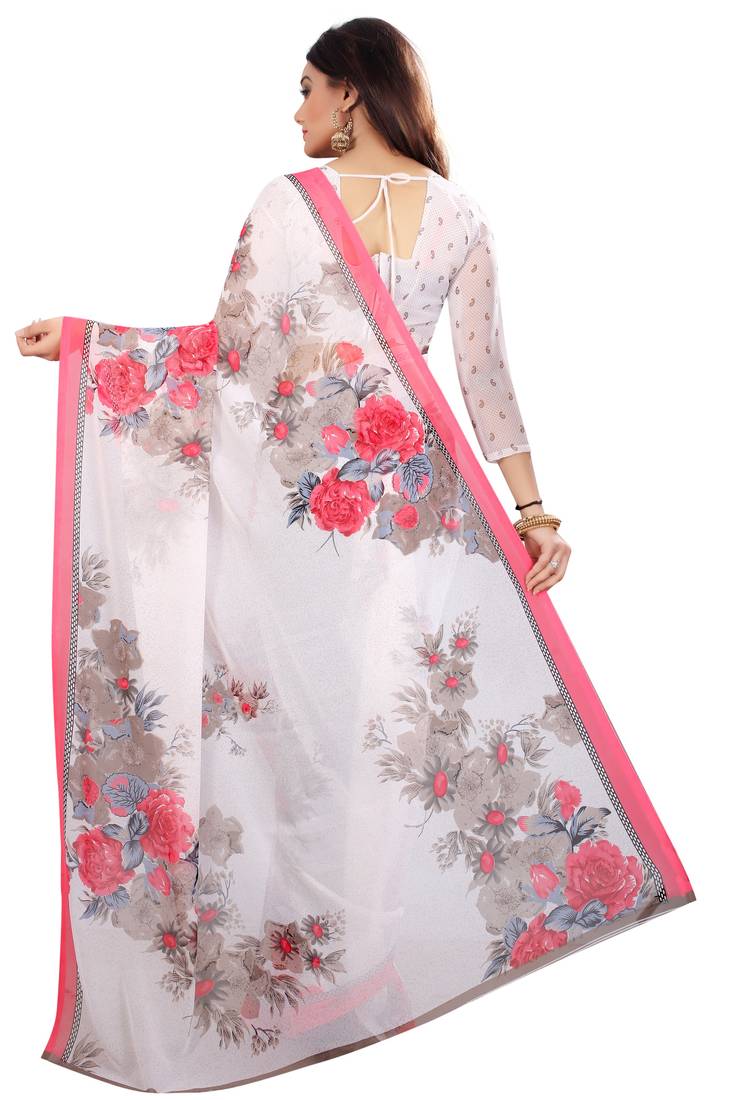 white printed georgette saree with blouse