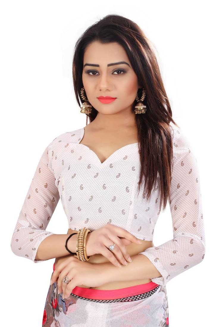 white printed georgette saree with blouse
