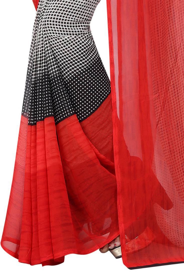 red printed georgette saree with blouse