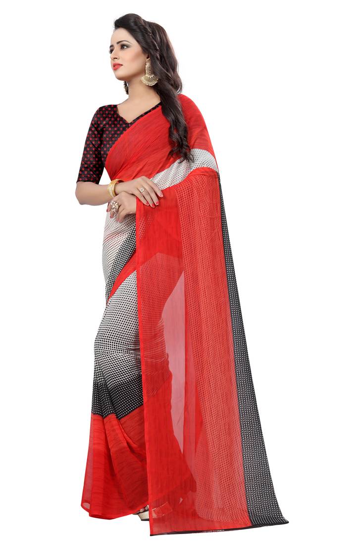 red printed georgette saree with blouse