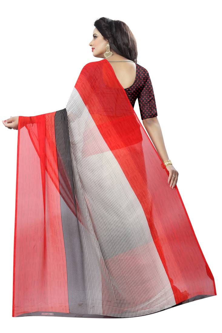 red printed georgette saree with blouse