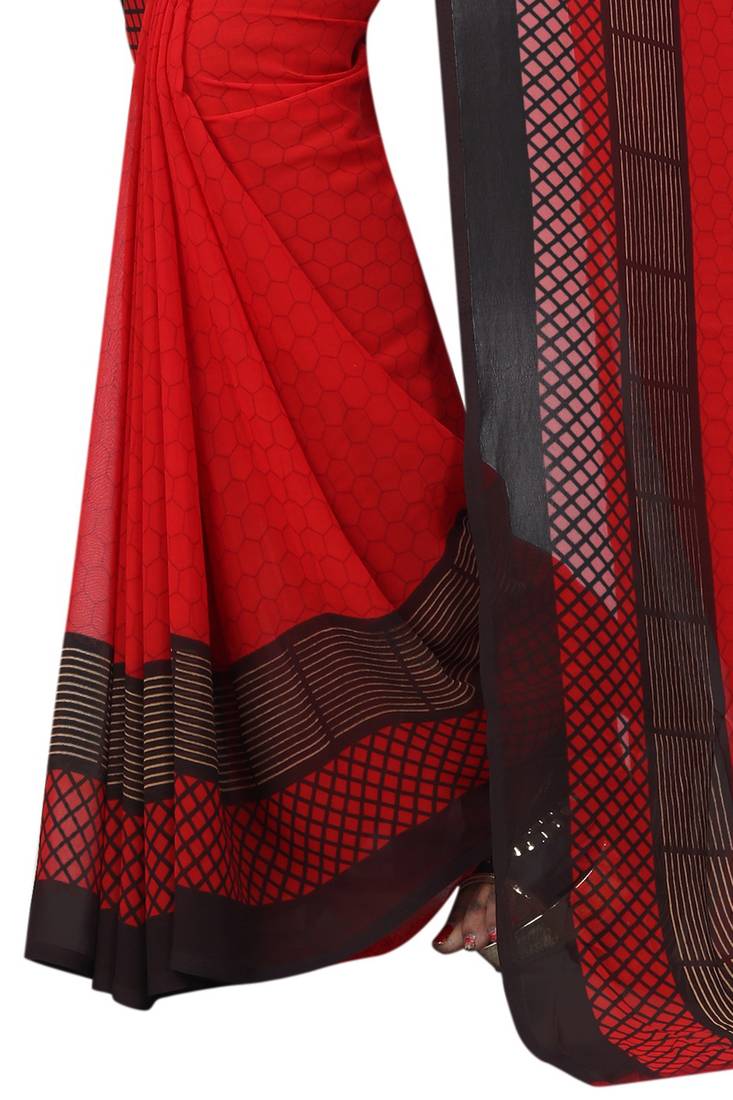 red printed georgette saree with blouse