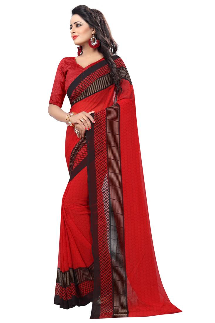 red printed georgette saree with blouse