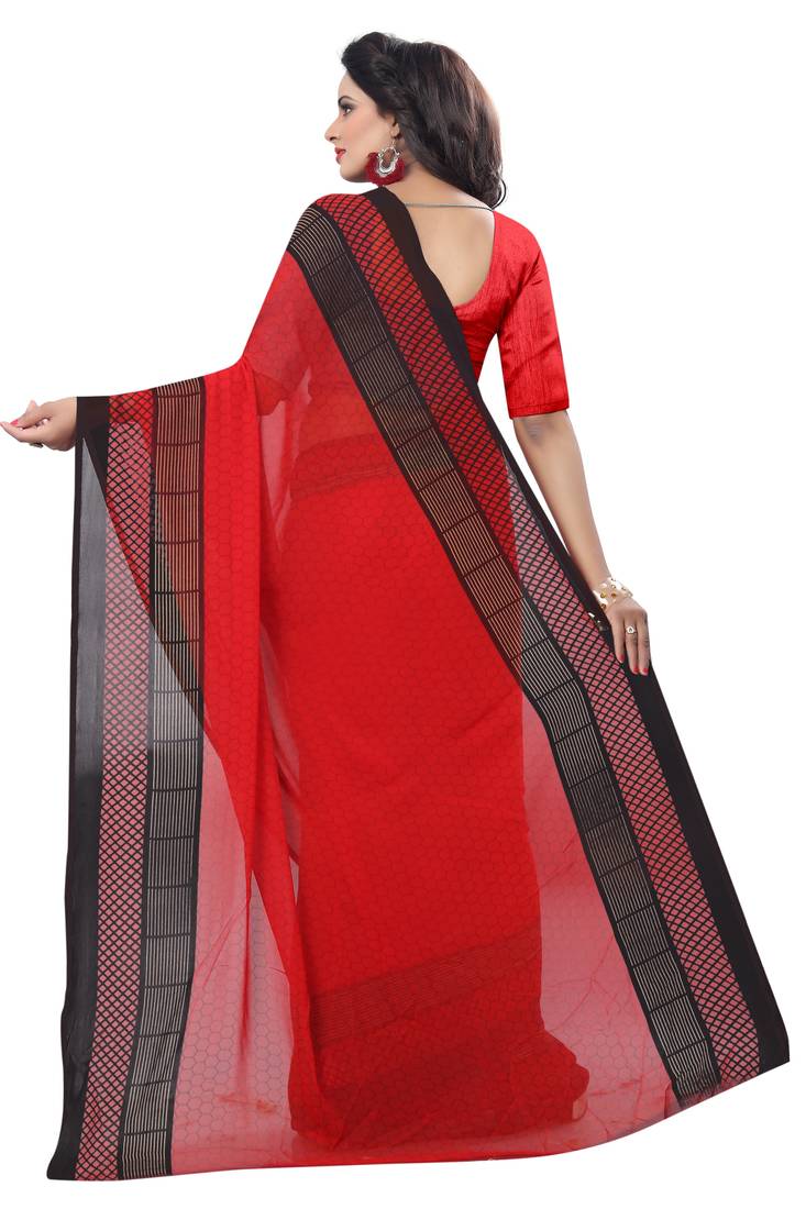 red printed georgette saree with blouse