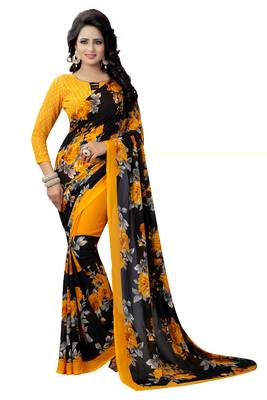 yellow printed georgette saree with blouse 1
