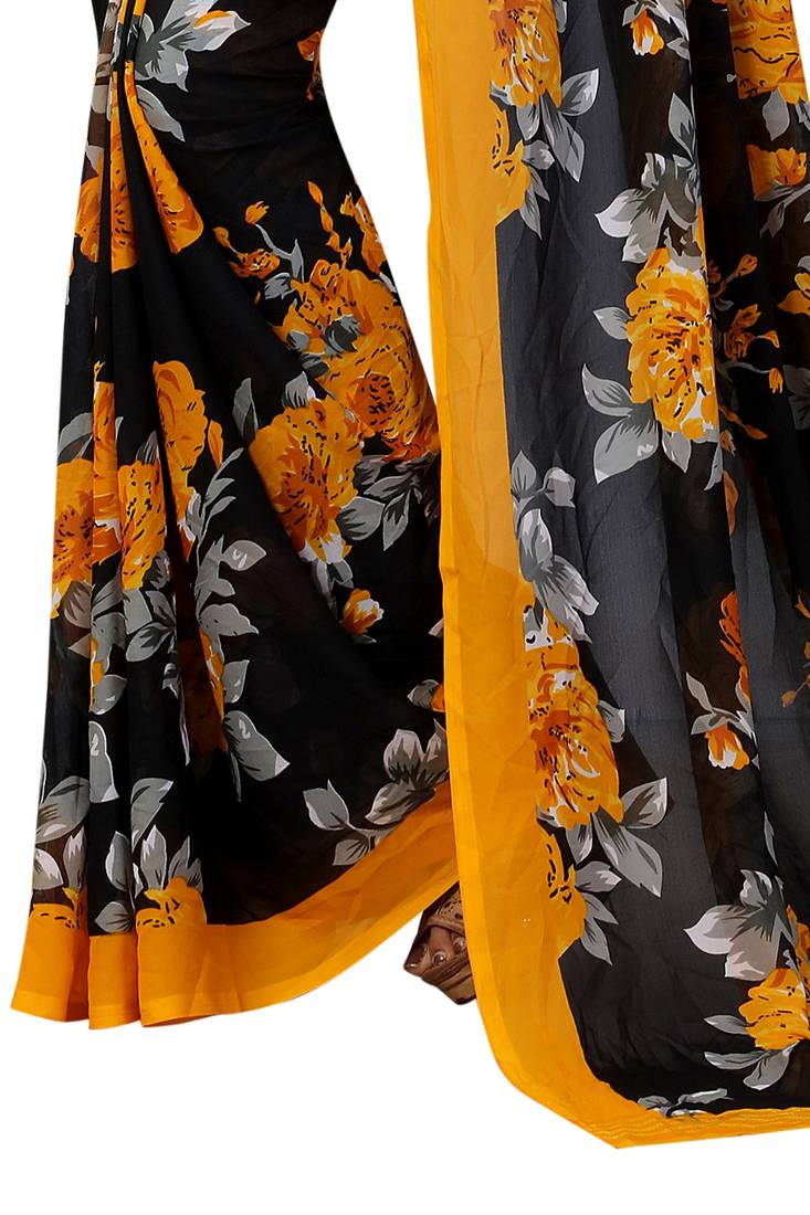 yellow printed georgette saree with blouse