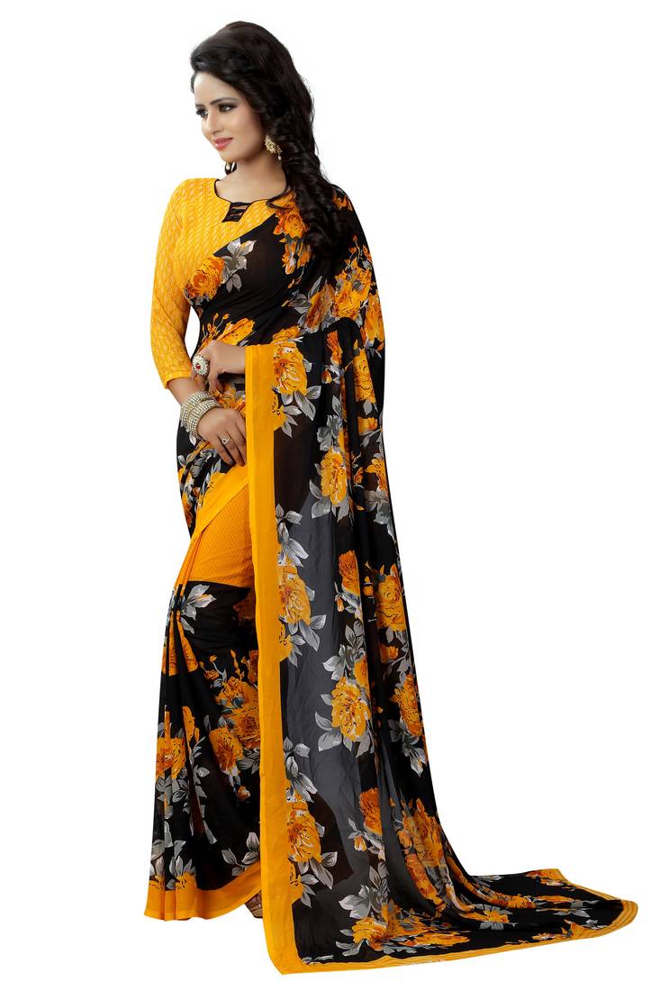 yellow printed georgette saree with blouse