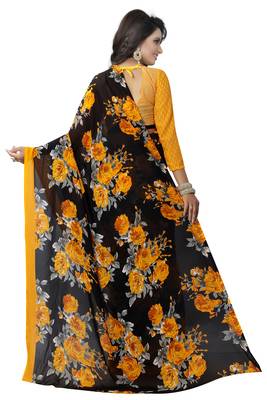 yellow printed georgette saree with blouse 4