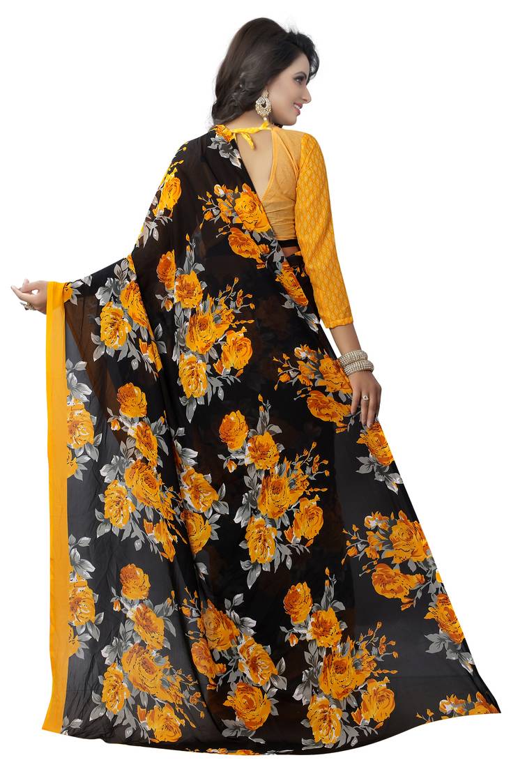 yellow printed georgette saree with blouse