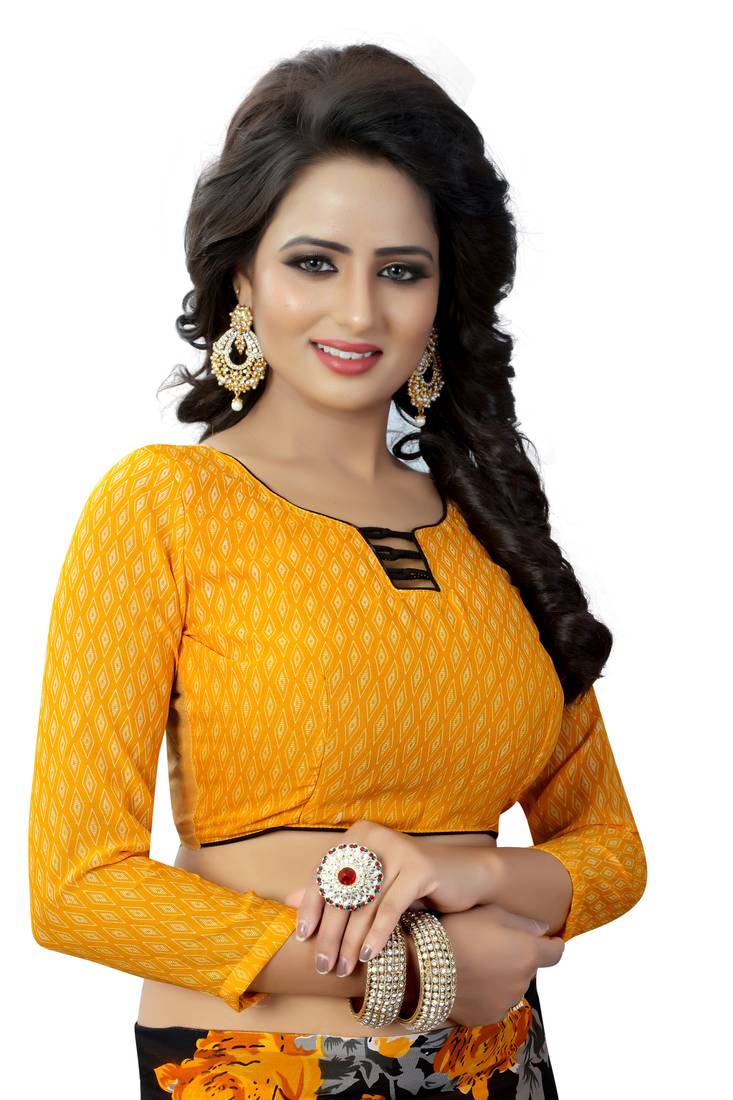 yellow printed georgette saree with blouse