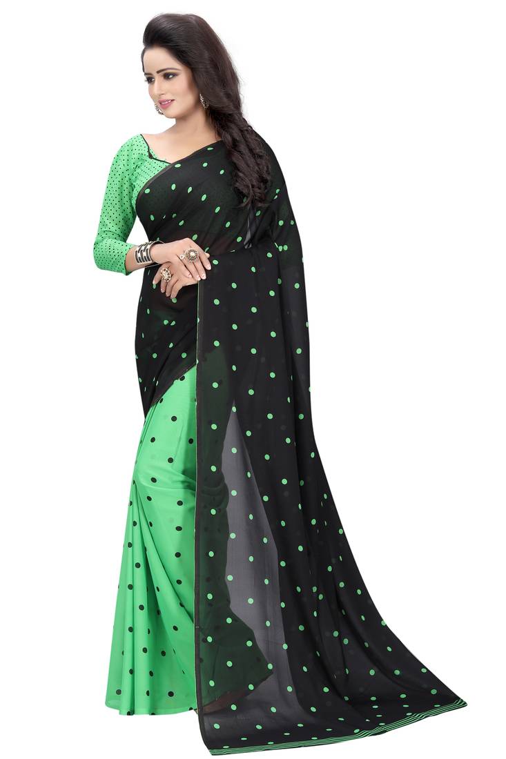 green printed georgette saree with blouse