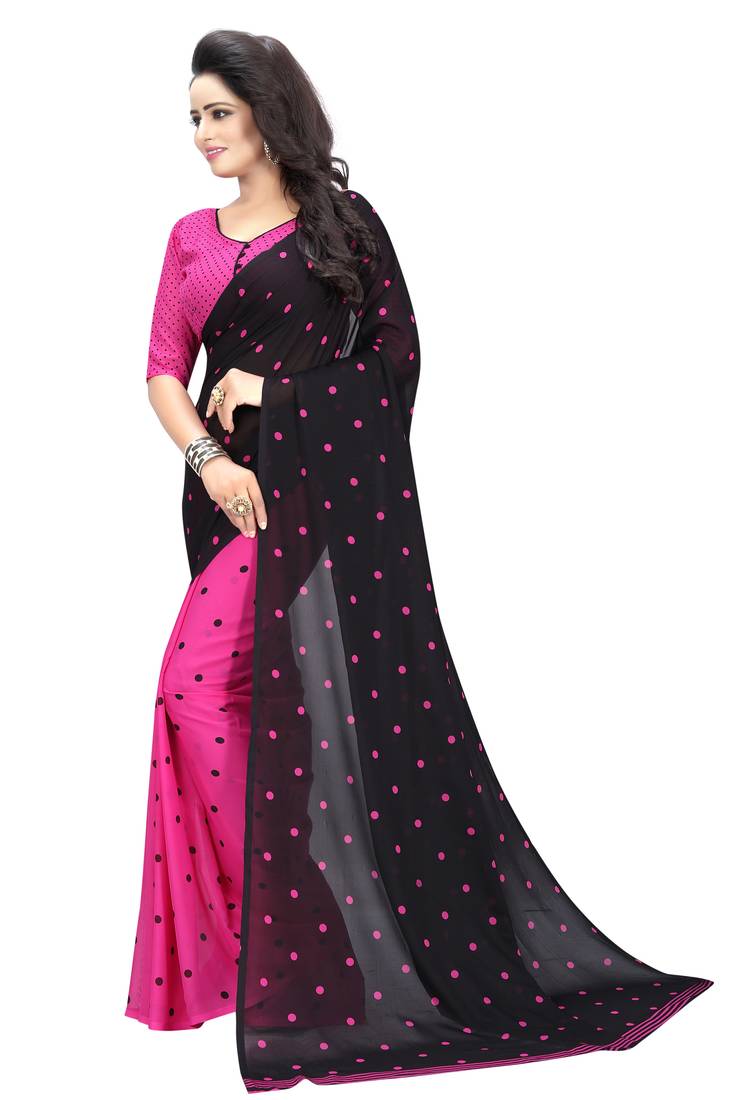 pink printed georgette saree with blouse