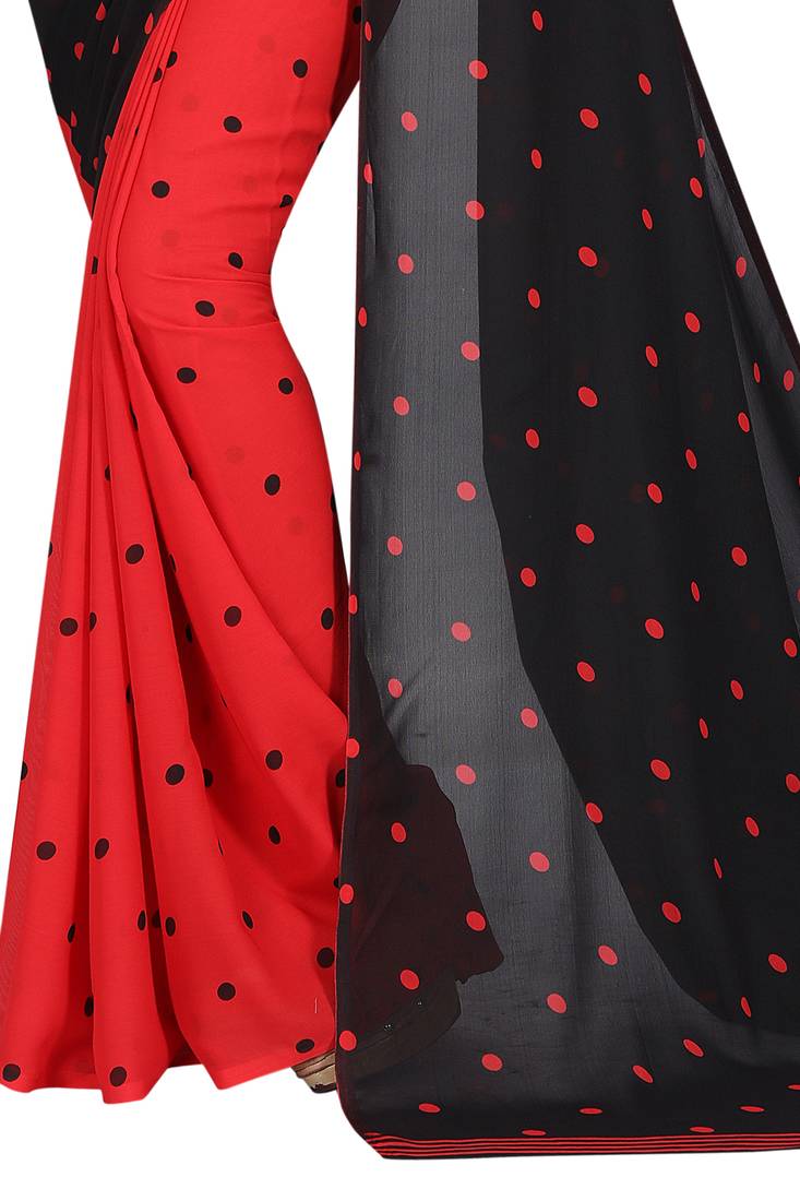 red printed georgette saree with blouse