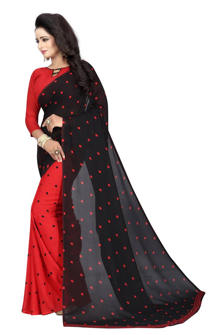 red printed georgette saree with blouse