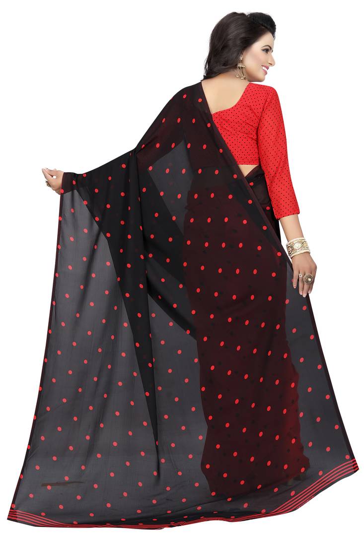 red printed georgette saree with blouse
