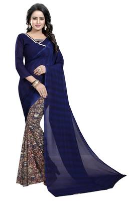 blue printed georgette saree with blouse 1