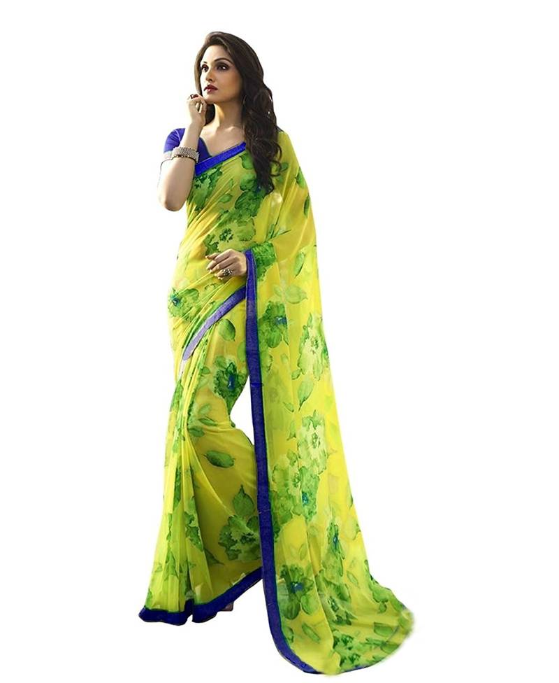 green printed georgette saree with blouse