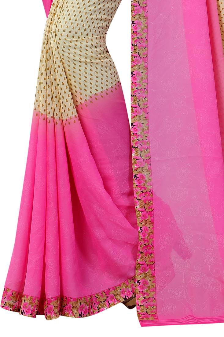 pink printed georgette saree with blouse