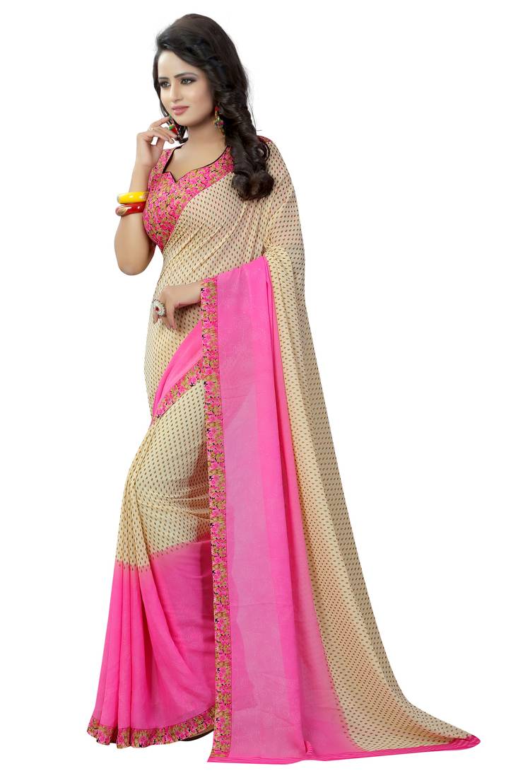 pink printed georgette saree with blouse