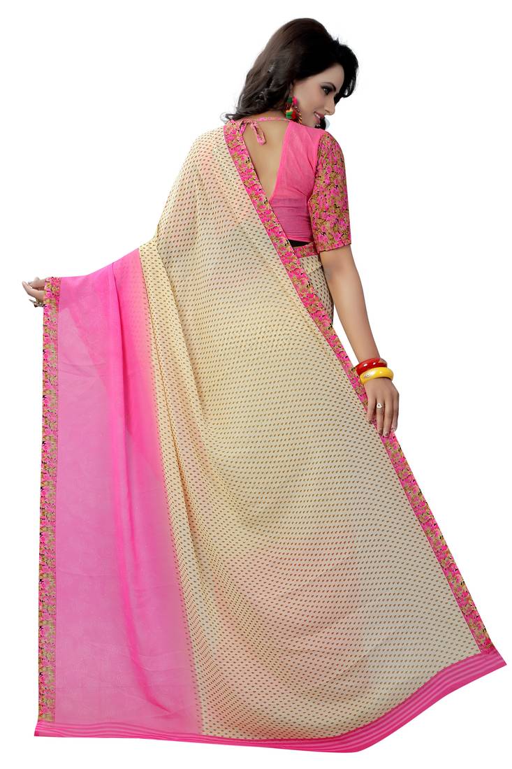 pink printed georgette saree with blouse