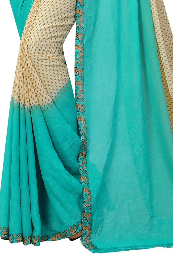 turquoise printed georgette saree with blouse