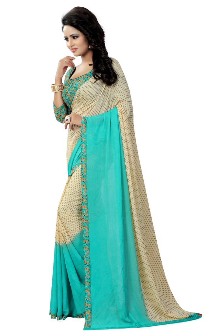 turquoise printed georgette saree with blouse