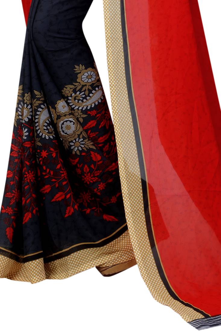 red printed georgette saree with blouse