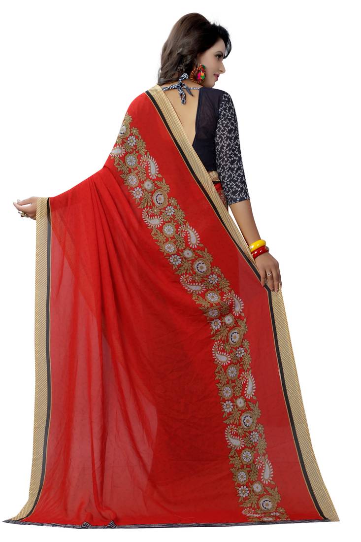 red printed georgette saree with blouse
