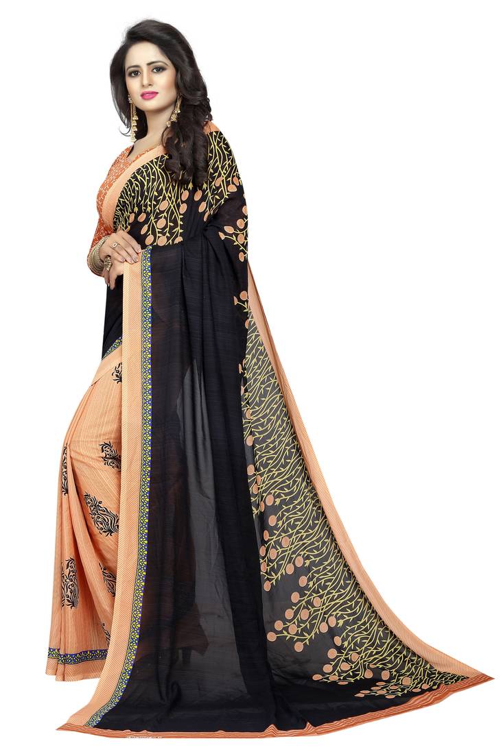 black printed georgette saree with blouse