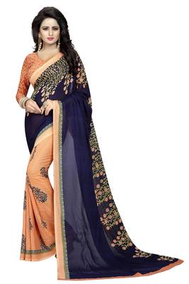 blue printed georgette saree with blouse 1