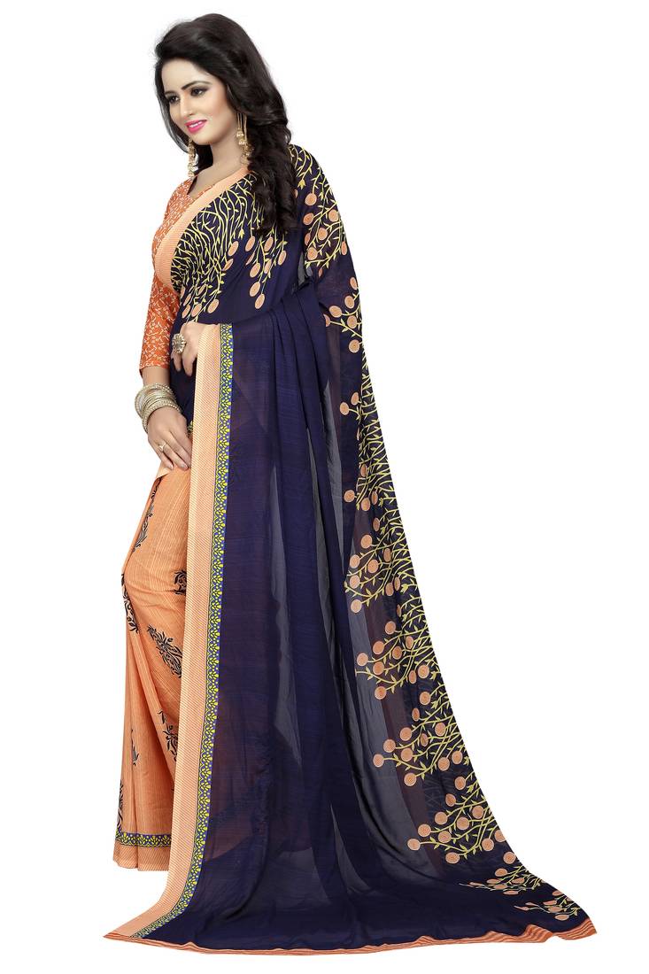 blue printed georgette saree with blouse