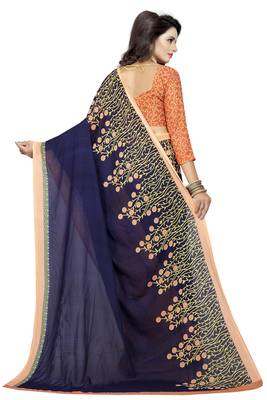 blue printed georgette saree with blouse 4