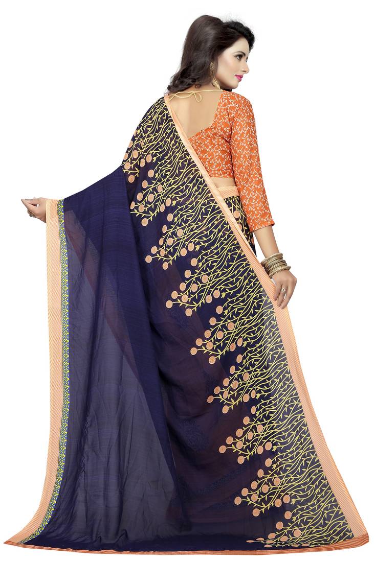 blue printed georgette saree with blouse