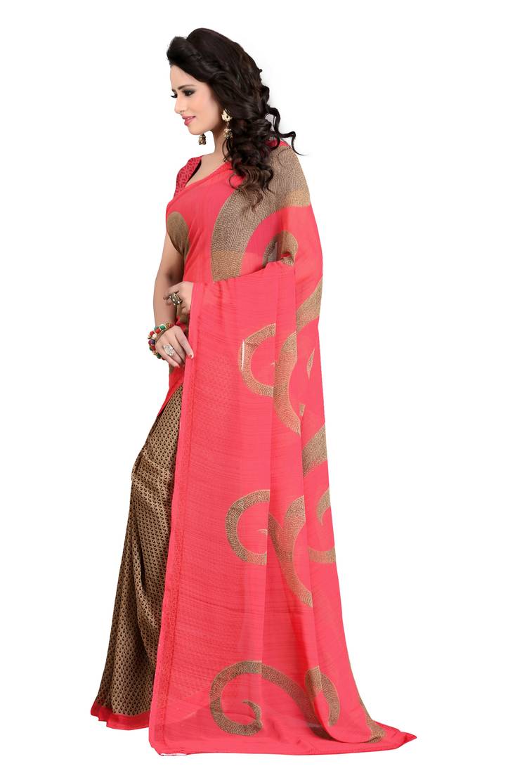 pink printed georgette saree with blouse