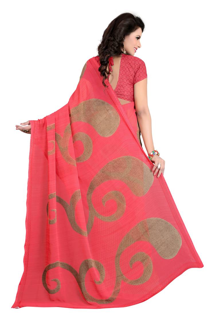 pink printed georgette saree with blouse